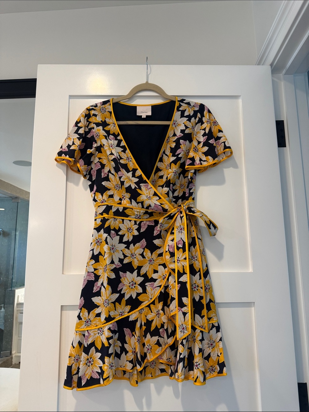 cinq a sept Floral Wrap Dress in Black, Yellow & Pink